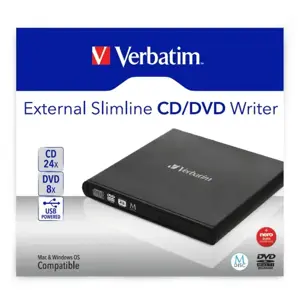 "Verbatim Slimline CD/DVD", juoda, horizontali, nešiojamasis kompiuteris, DVD-RW, USB 2.0, CD, CD-R, CD-R, CD-RW, DVD, DVD+R, DVD+R DL, DVD+RW, DVD-R, DVD-R DL, DVD-RAM, DVD-ROM