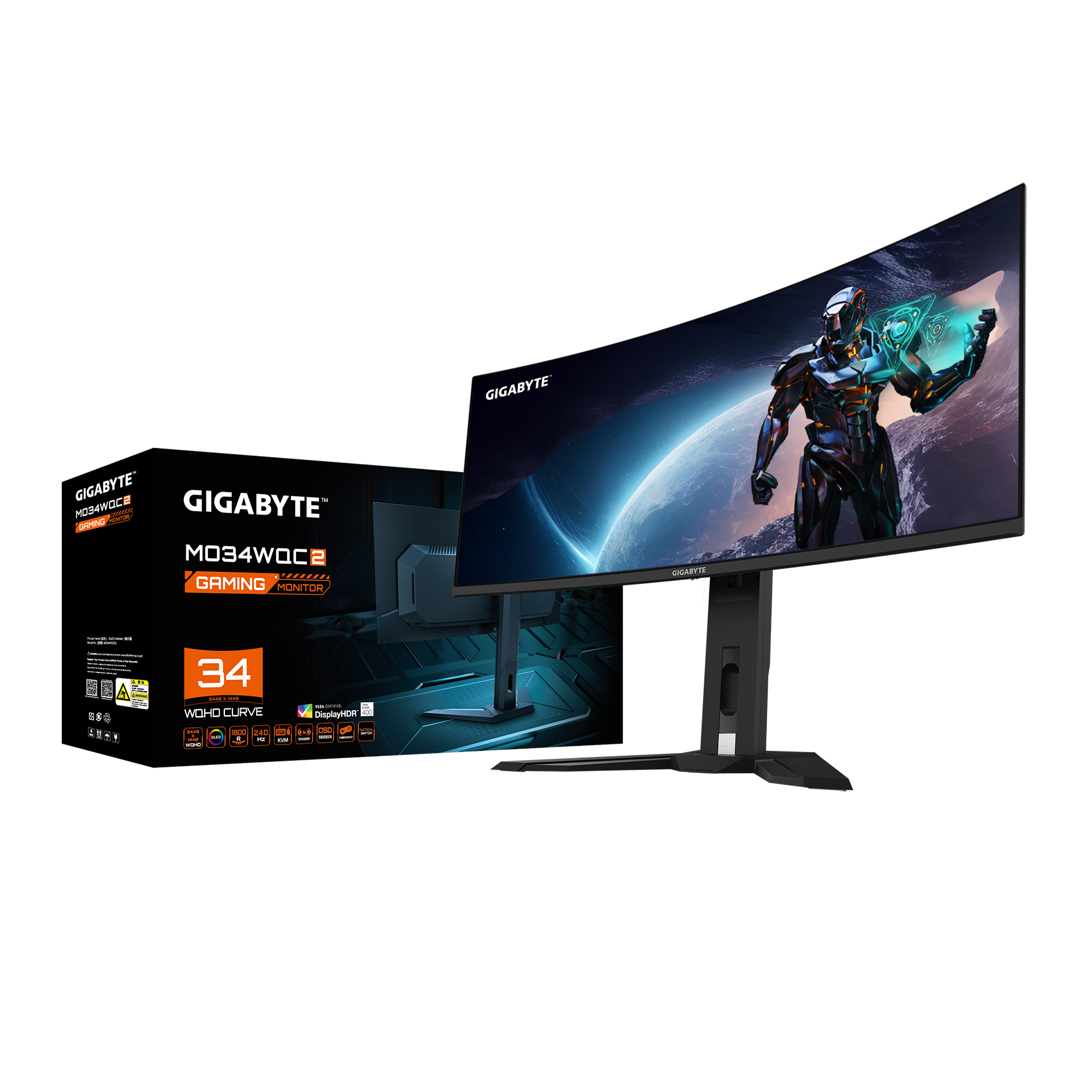 GIGABYTE MO34WQC2 34” OLED WQHD Curved Gaming Monitor - 3440x1440(WQHD), 240Hz, 0.03ms, KVM, 250 cd/m2, FreeSync Premium Pro, DisplayHDR True Black 400, HDMI 2.1, Displayport 1.4, 86.4 cm (34"), 3440 x 1440 pixels, Wide Quad HD, OLED, 0.03 ms, Black