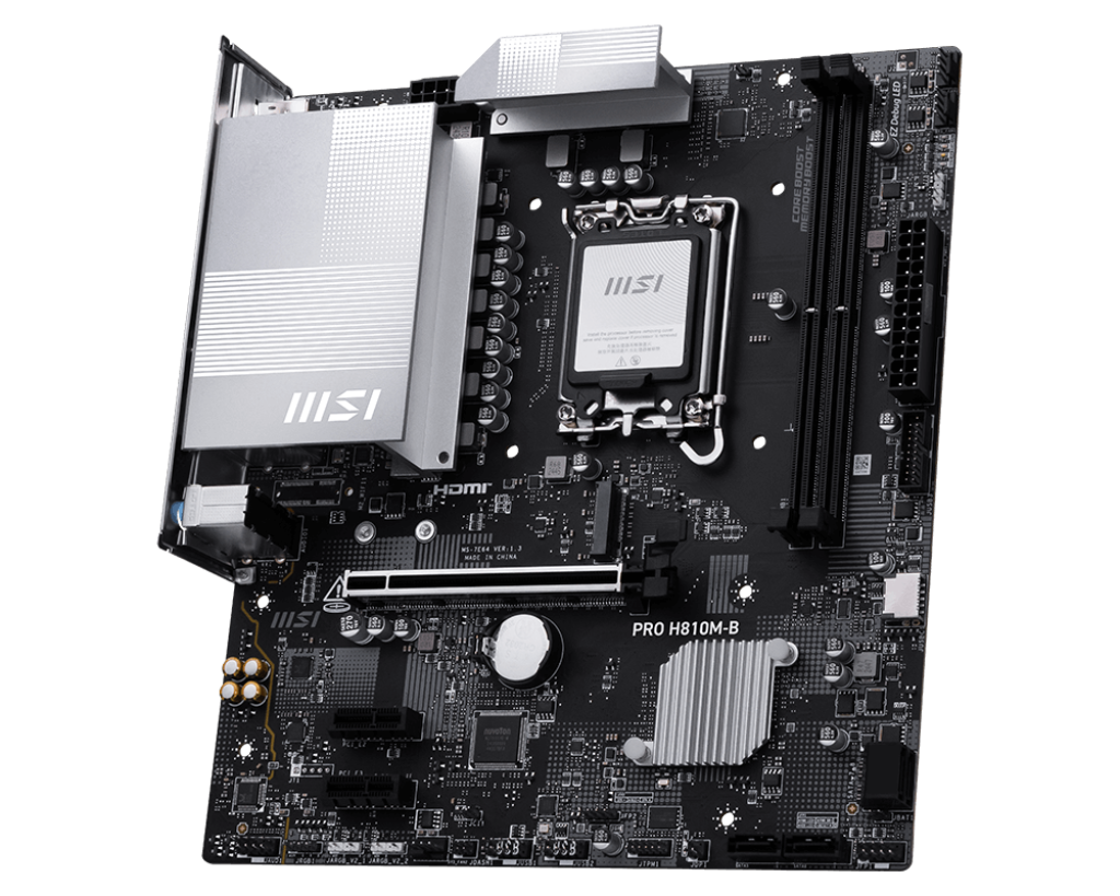 MSI PRO H810M-B | Processor family Intel H810 | Processor socket LGA1851 | DDR5 | Supported hard disk drive interfaces SATA, M.2 | Number of SATA connectors 4