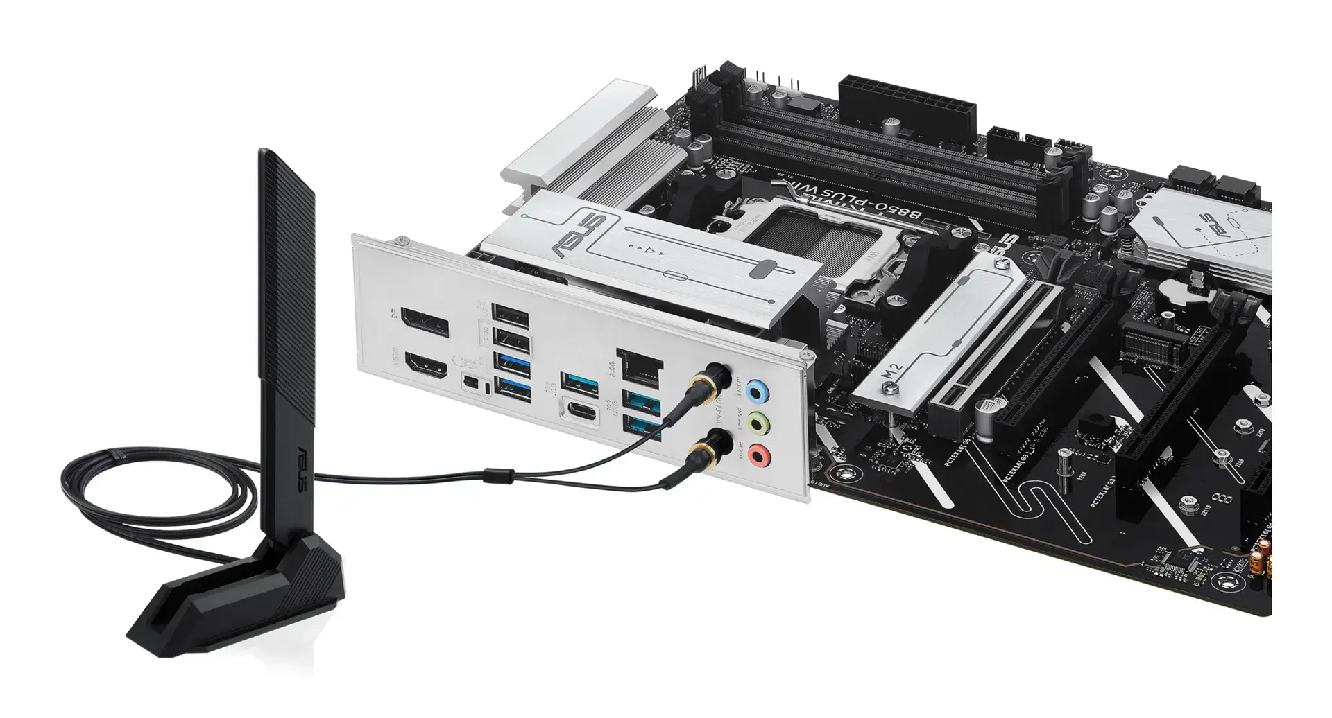 Mainboard ASUS AMD B850 SAM5 ATX Memory DDR5 Memory slots 4 2xPCI-Express 3.0 16x 1xPCI-Express 4.0 16x 1xPCI-Express 5.0 16x 3xM.2 1xHDMI 1xDisplayPort 3xUSB 2.0 5xUSB 3.2 type B 2xUSB-C 3xAudio port PRIMEB850-PLUSWIFI