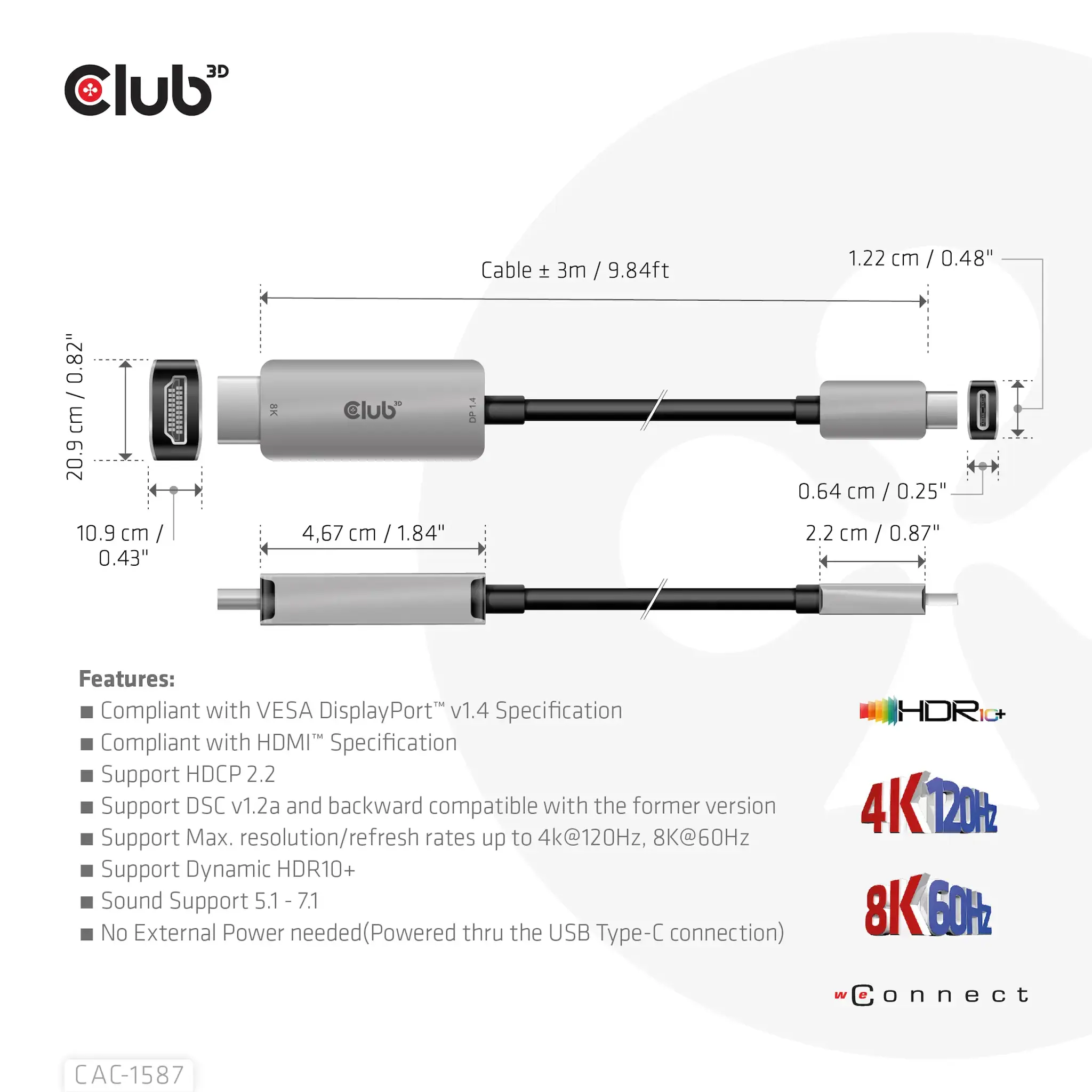 CLUB3D USB Gen2 Type-C to HDMI 4K120Hz 8K60Hz HDR10 with DSC1.2 Active Cable M/M 3m / 9.84ft, USB Gen2 Type-C, HDMI Type A (Standard), 3 m, Black