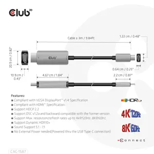 CLUB3D USB Gen2 Type-C to HDMI 4K120Hz 8K60Hz HDR10 with DSC1.2 Active Cable M/M 3m / 9.84ft, USB Gen2 Type-C, HDMI Type A (Standard), 3 m, Black