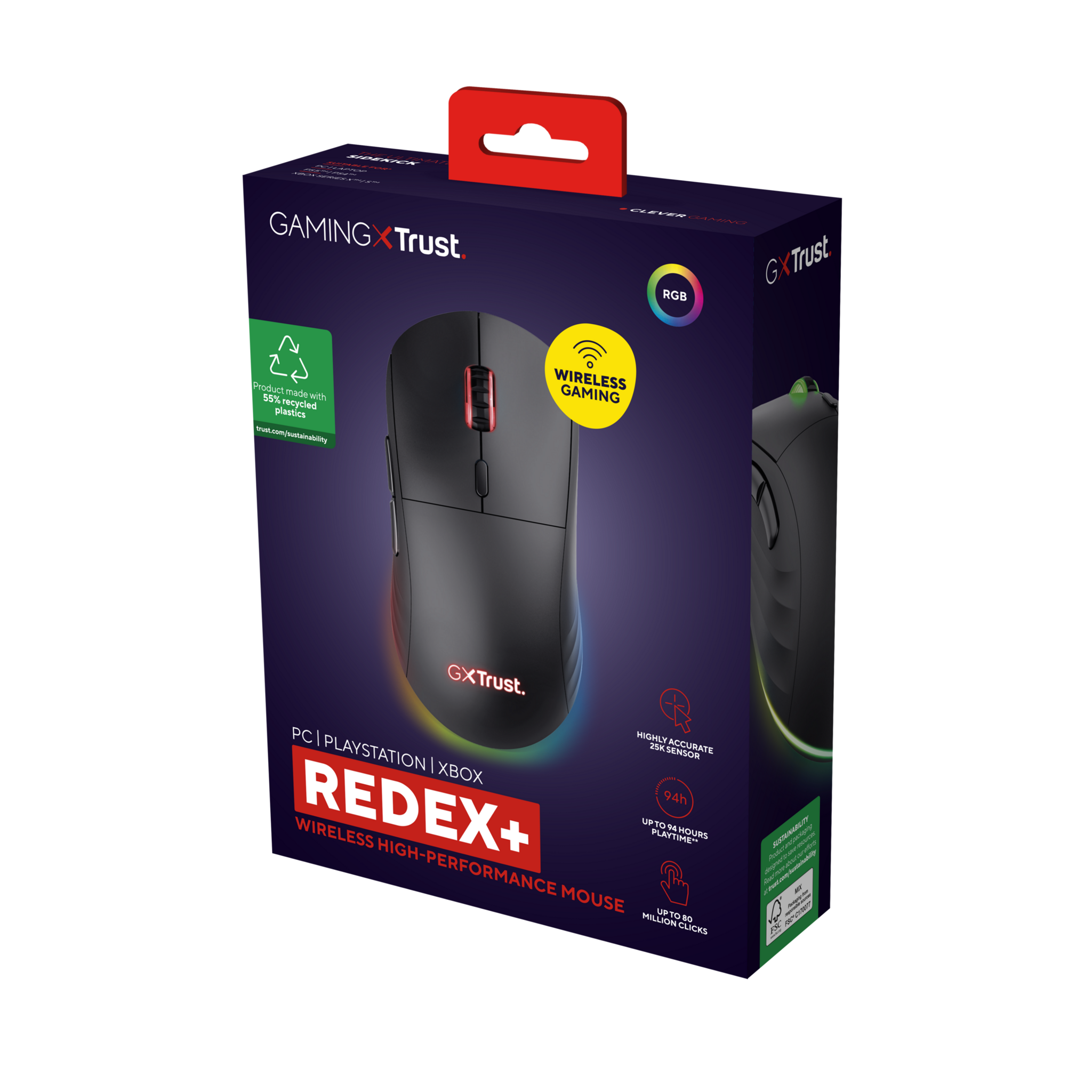 Trust GXT 927 Redex+, Right-hand, Laser, RF Wireless + USB Type-A, 25600 DPI, Black