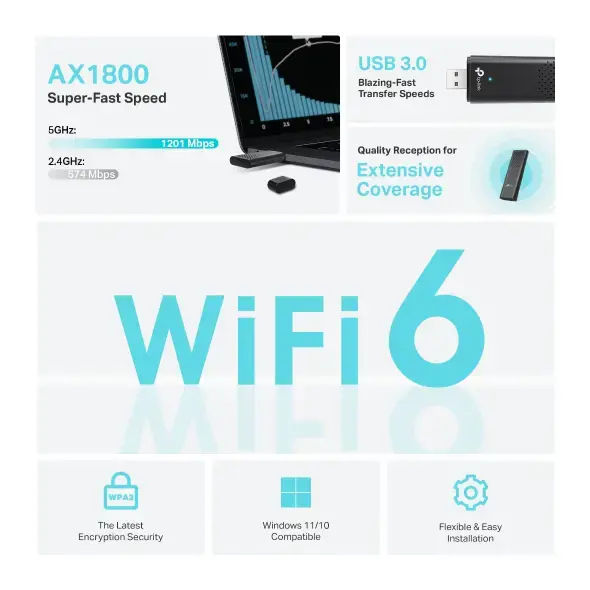 TP-Link Archer AX1800 Dual Band Wi-Fi 6 Wireless USB Adapter, Wired, USB, WLAN, Wi-Fi 6 (802.11ax), 1201 Mbit/s, Black