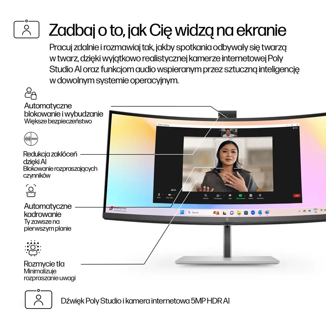 HP 734pm Series 7 Pro Curved Conferencing Monitor - 34" 3440x1440 WQHD 400-nit 120Hz AG, Curved, IPS HDR, USB-C(100W/65W/15W)/HDMI/DisplayPort Daisy-Chain, 5x USB-A, speakers, 5MP webcam, RJ-45 LAN, height adjustable/tilt/swivel, 3 years