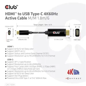 CLUB3D HDMI to USB Type-C 4K60Hz Active Cable M/M 1.8m/6 ft, 1.8 m, HDMI Type A (Standard), USB Type-C, Male, Male, Meets ROHS, FCC, and CE EMI requirements Note: - Please update your TV Firmware to the version...