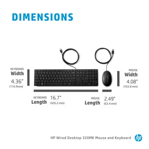 HP laidinė stalinio kompiuterio pelė ir klaviatūra 320MK, pilno dydžio (100 %), USB, juoda, pelė pridedama