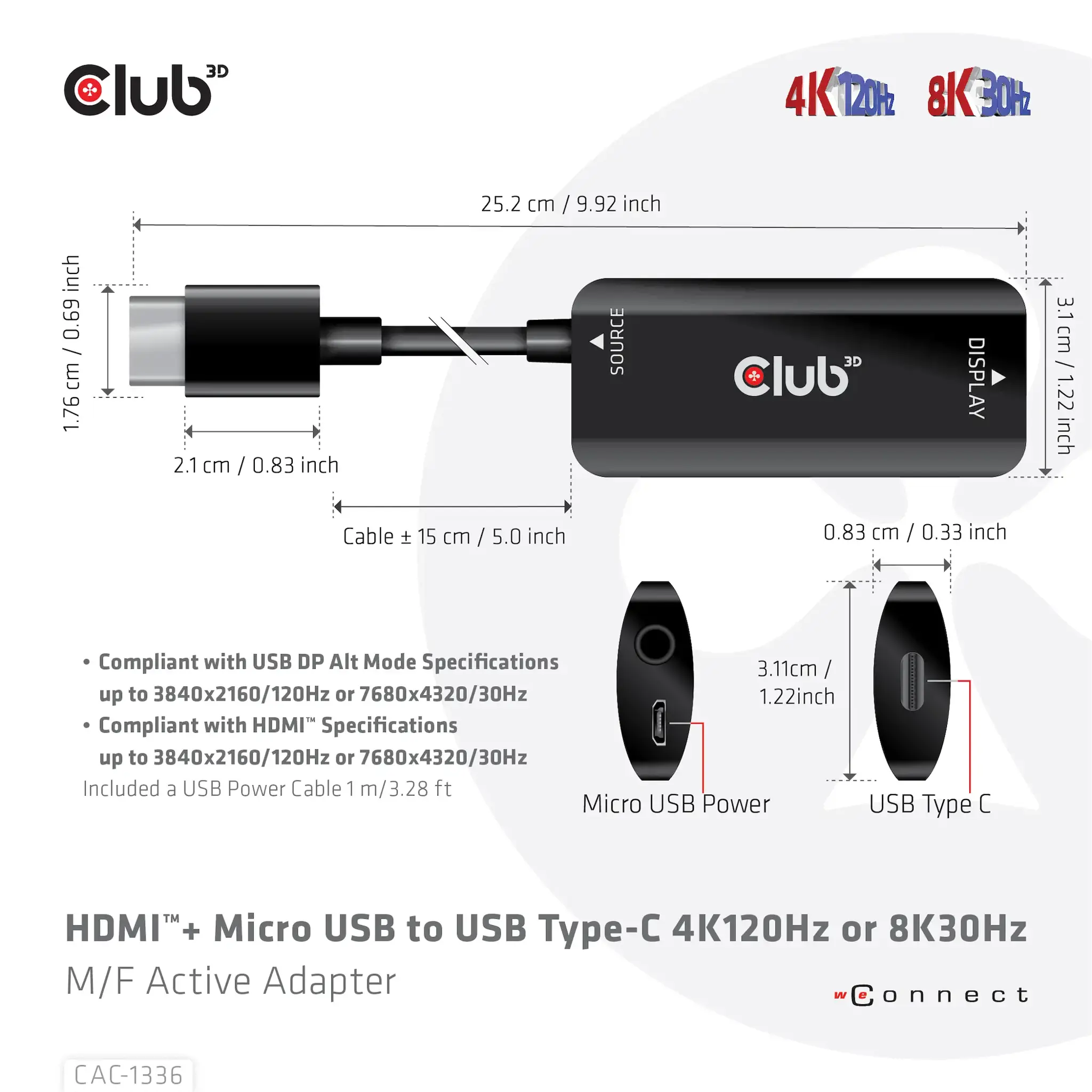 CLUB3D HDMI + Micro USB to USB Type-C 4K120Hz or 8K30Hz M/F Active Adapter, 1 m, HDMI + USB, USB Type-C, Male, Female, Straight