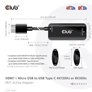 CLUB3D HDMI + Micro USB to USB Type-C 4K120Hz or 8K30Hz M/F Active Adapter, 1 m, HDMI + USB, USB Type-C, Male, Female, Straight