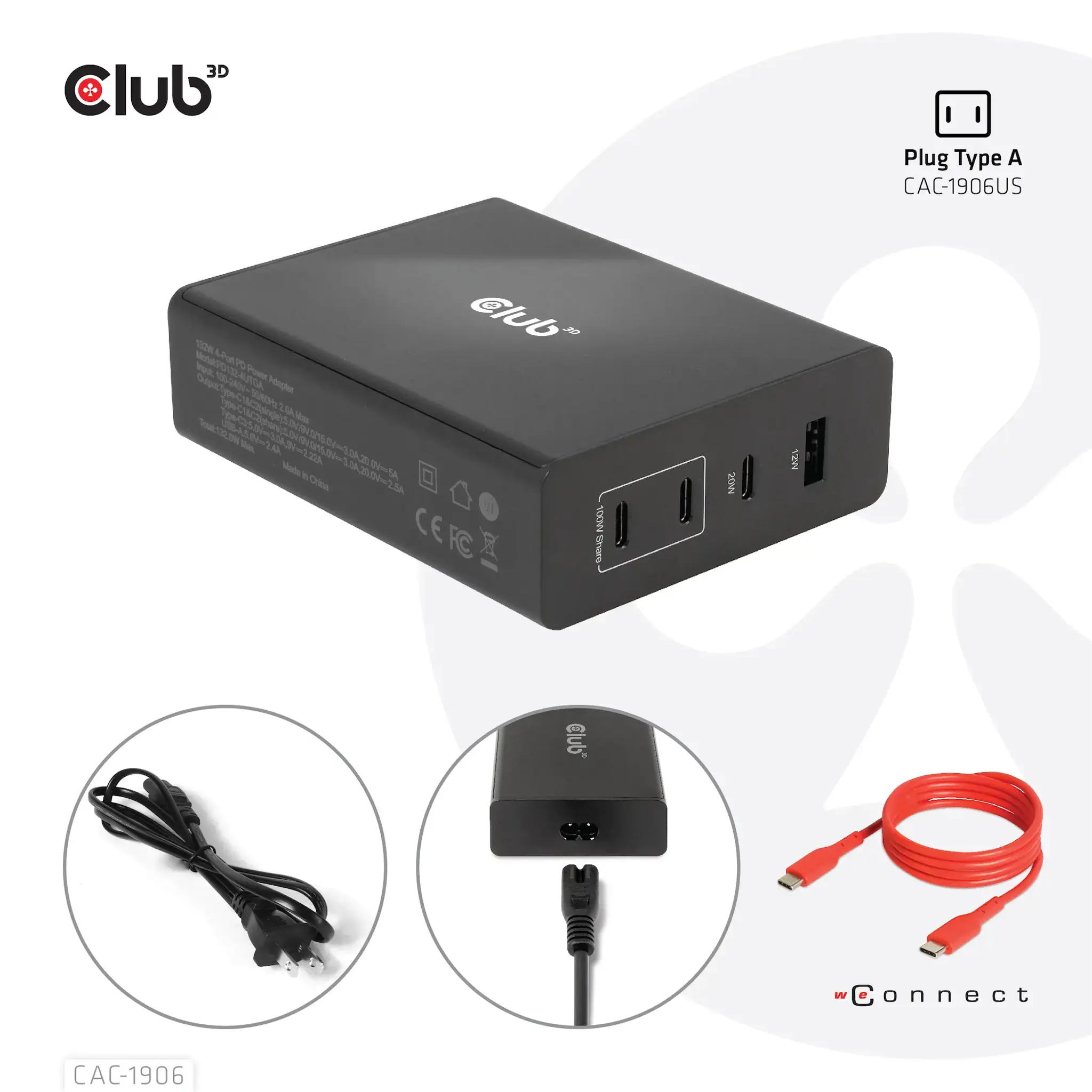 CLUB3D Travel Charger 132W GAN technology, Four port USB Type-A and -C, Power Delivery(PD) 3.0 Support, Indoor, DC, Black