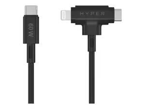 Hyper HyperJuice Silicone USB-C to USB-C and Lightning Hybrid 60W Cable, Black | Hyper