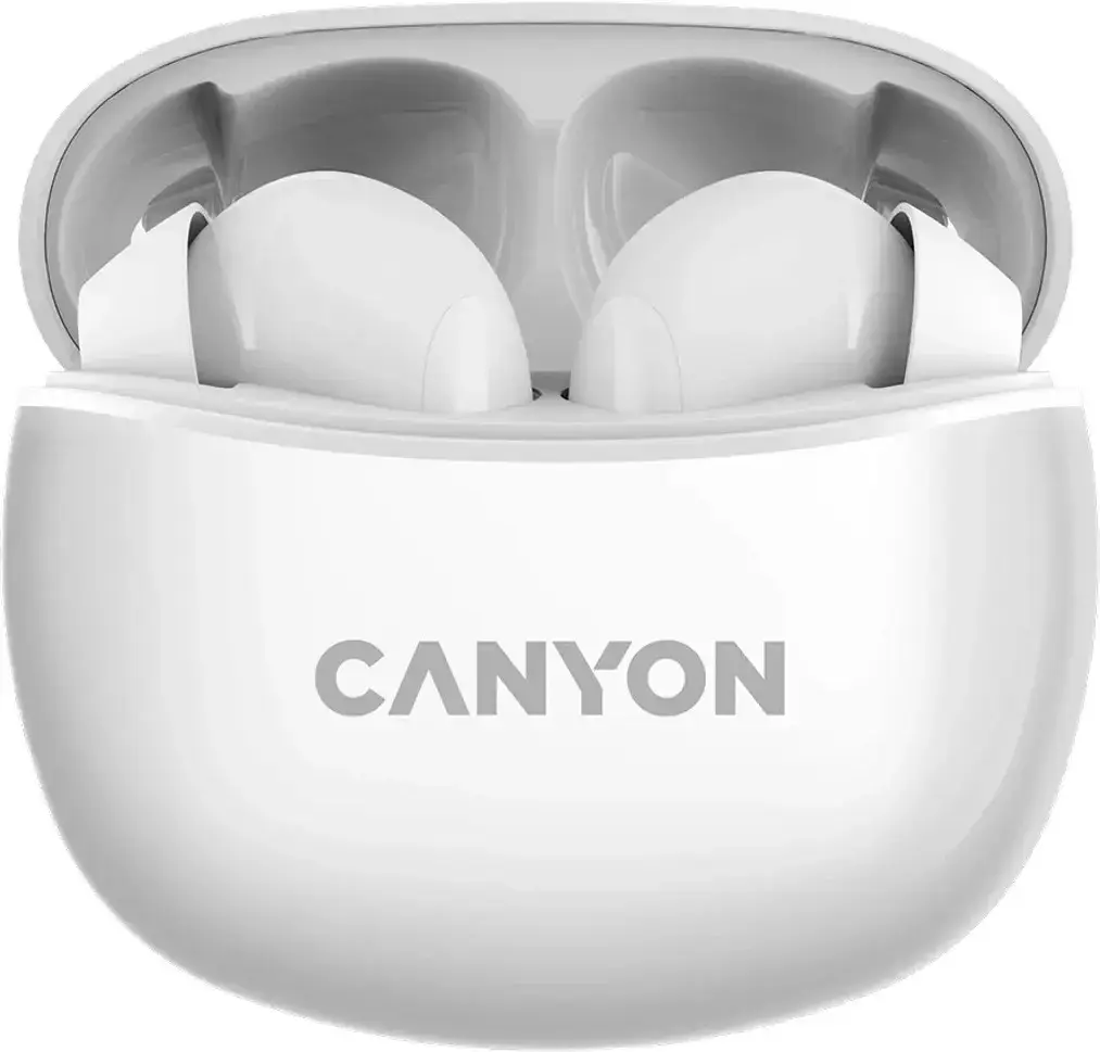 "Canyon" TWS-5 "Bluetooth" ausinės su mikrofonu, BT V5.3 JL 6983D4, dažnių diapazonas: 20Hz-20kHz, baterija "EarBud" 40mAh*2+įkrovimo dėklas 500mAh, C tipo laido ilgis 0,24 m, dydis: 58,5*52,91*25,5 mm, 0,036 kg, baltos spalvos