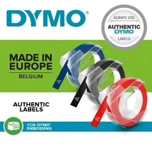3D Dymo juosta 9mm x3m balti simboliai išspausti ant juodos, raudonos arba mėlynos juostos 3vnt.