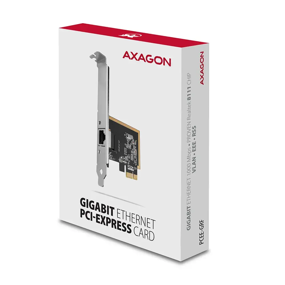 AXAGON PCEE-GRF PCI-Express tinklo plokštė suteikia staliniam kompiuteriui didelės spartos "Gigabit Ethernet" ryšį. Ji užtikrina 10/100/1000 Mbit/s duomenų perdavimo greitį.