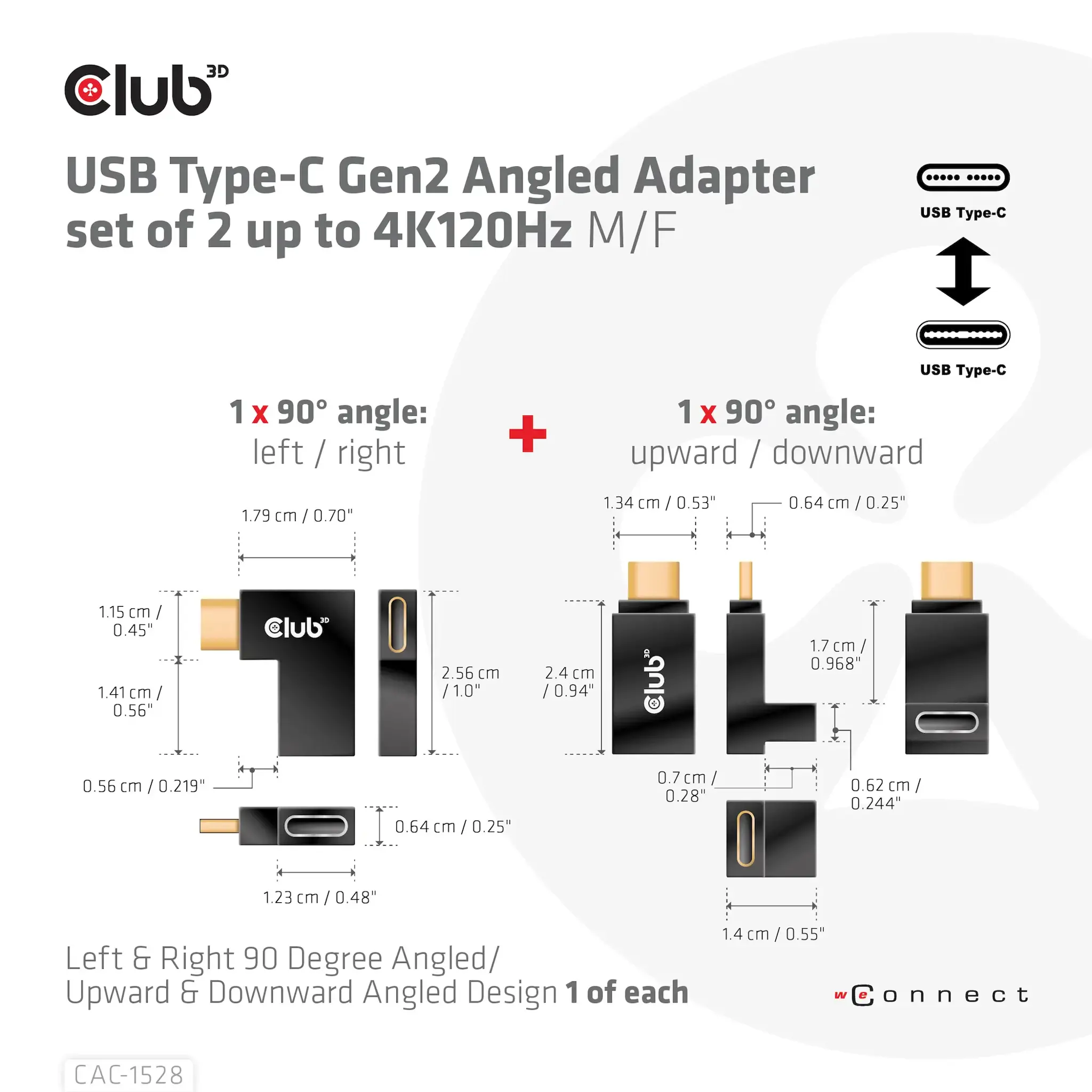 CLUB3D USB Type-C Gen2 Angled Adapter set of 2 up to 4K120Hz M/F, USB C, USB C, USB 3.2 Gen 2 (3.1 Gen 2)