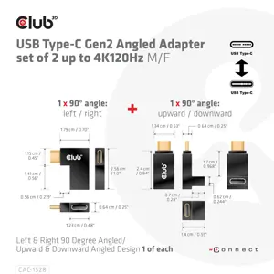 CLUB3D USB Type-C Gen2 Angled Adapter set of 2 up to 4K120Hz M/F, USB C, USB C, USB 3.2 Gen 2 (3.1 Gen 2)