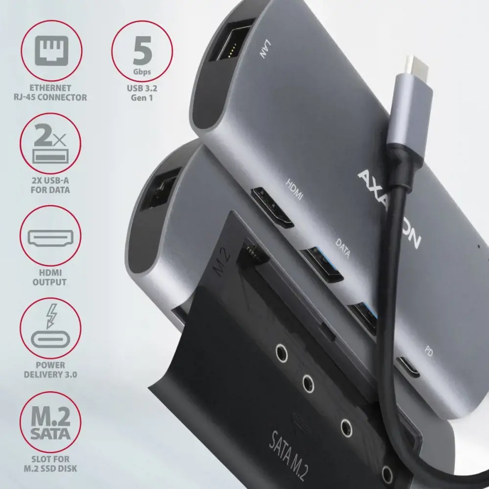 Axagon HMC-6M2 SUPERSPEED USB-C COMBO 6IN1 HUBMultiport USB 3.2 Gen 1 šakotuvas. SATA M.2, HDMI, Gigabit LAN ir Power Delivery. Kabelis USB-C 18 cm.