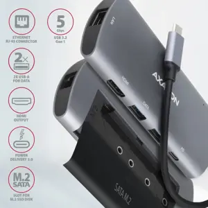 Axagon HMC-6M2 SUPERSPEED USB-C COMBO 6IN1 HUBMultiport USB 3.2 Gen 1 šakotuvas. SATA M.2, HDMI, Gigabit LAN ir Power Delivery. Kabelis USB-C 18 cm.