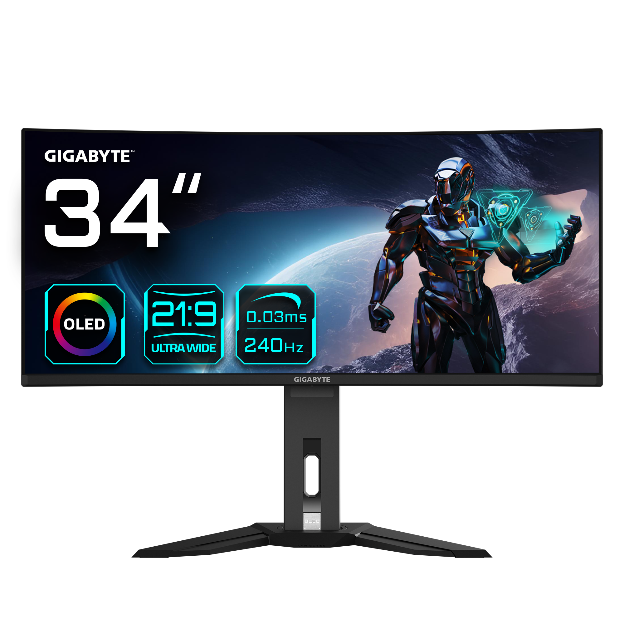 GIGABYTE MO34WQC2 34” OLED WQHD Curved Gaming Monitor - 3440x1440(WQHD), 240Hz, 0.03ms, KVM, 250 cd/m2, FreeSync Premium Pro, DisplayHDR True Black 400, HDMI 2.1, Displayport 1.4, 86.4 cm (34"), 3440 x 1440 pixels, Wide Quad HD, OLED, 0.03 ms, Black