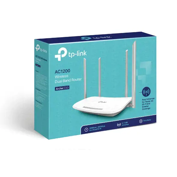 TP-Link Archer C50, "Wi-Fi 5" (802.11ac), dviejų dažnių (2,4 GHz / 5 GHz), Ethernet LAN, 4G, baltas, stalinis maršrutizatorius