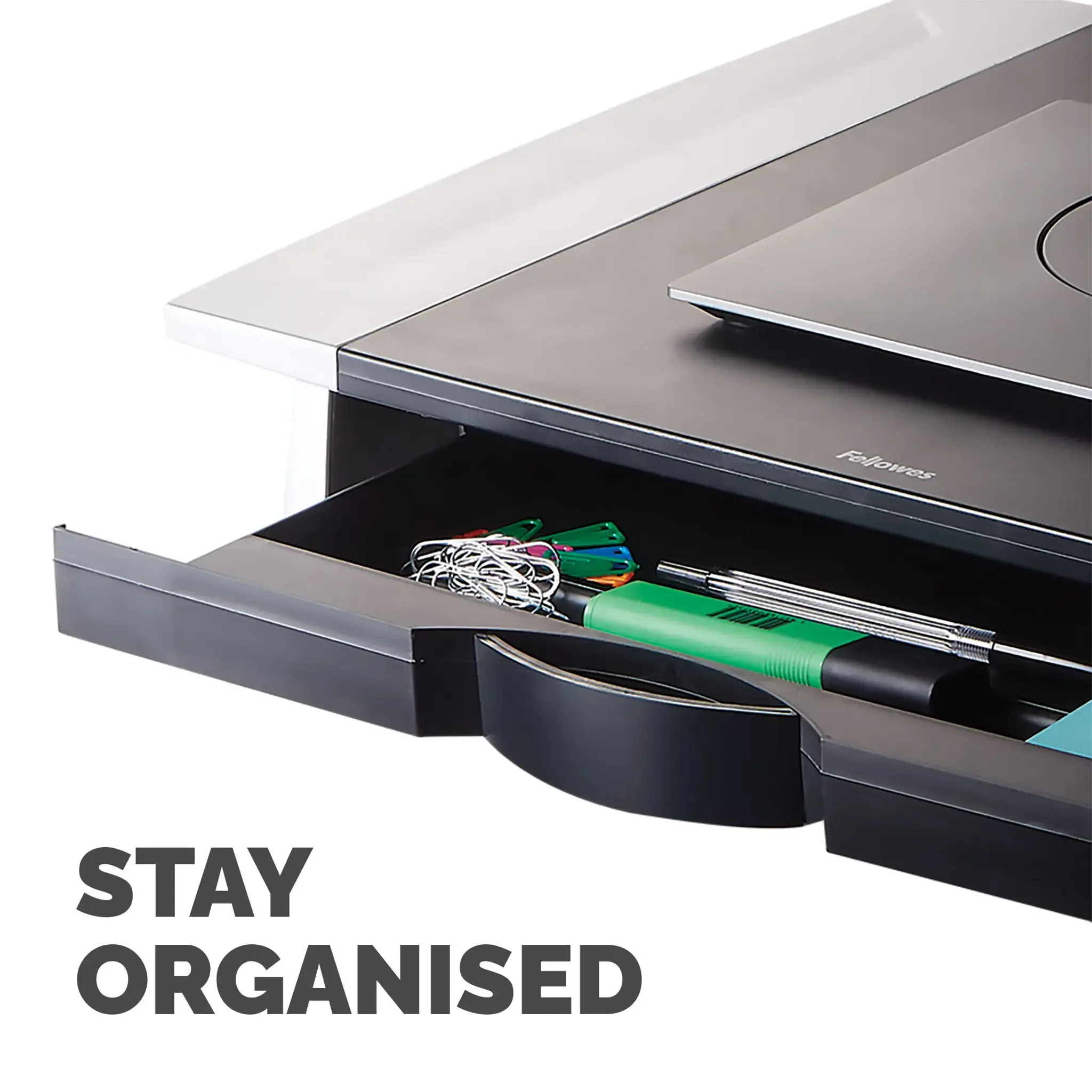 "Fellowes Office Suites Standard Monitor Riser", laisvai pastatomas, 36 kg, 71,1 cm (28"), reguliuojamas aukštis, juodas, sidabrinis