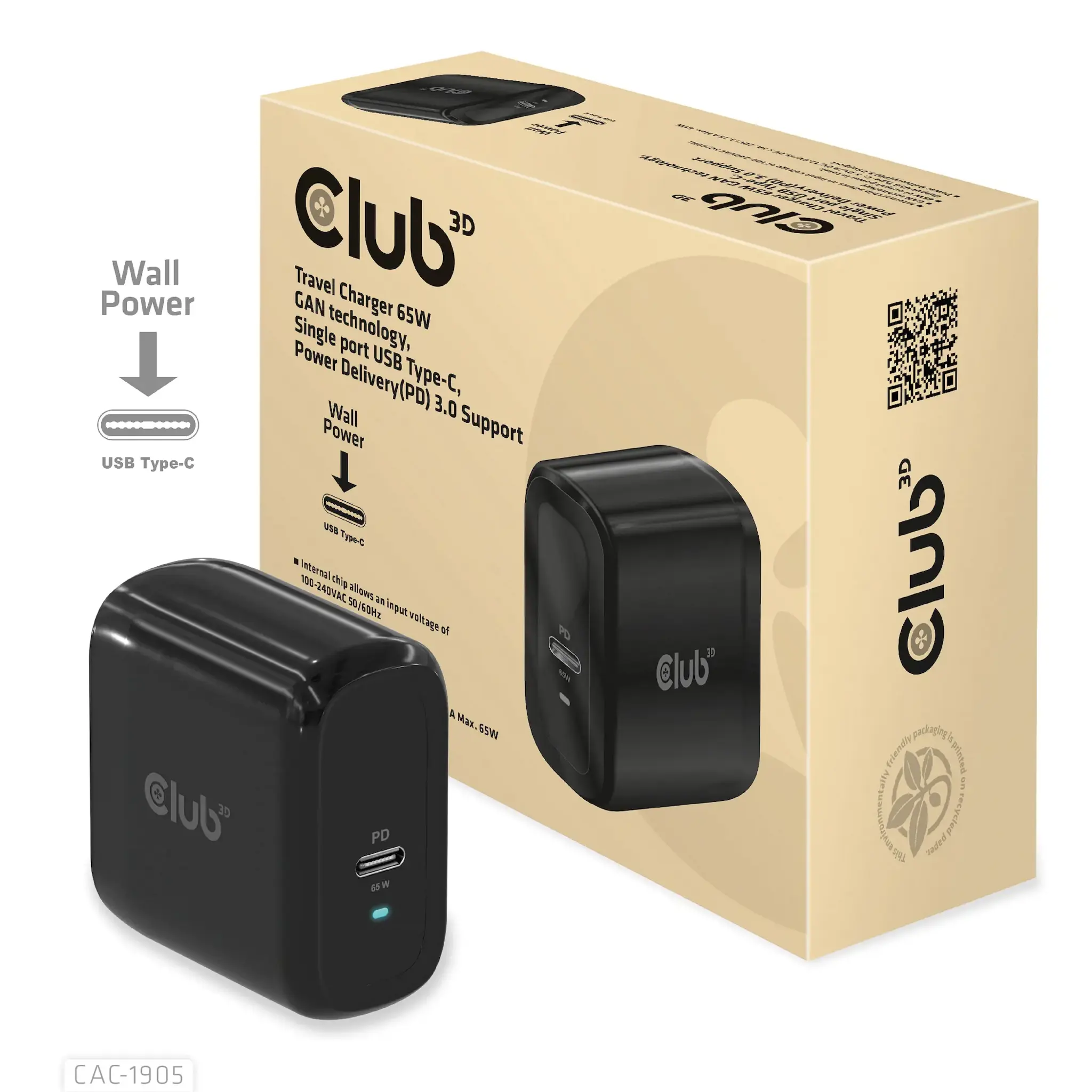 CLUB3D Travel Charger 65W GAN technology, Single port USB Type-C, Power Delivery(PD) 3.0 Support, Indoor, AC, Black