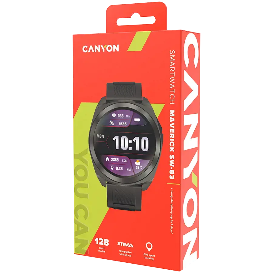 CANYON Maverick SW-83,Smart Watch, Realtek 8762DT, IPS1.32'' 360x360, ARM Cortex-M4F,RAM192KB/ROM128MB, 400mAh 3.8v,GPS,128 Sport modes,IP68,STRAVA support,Real-Time Heart Rate & SpO2, black case & silicone strap 46*45.4mm 259*20mm, black