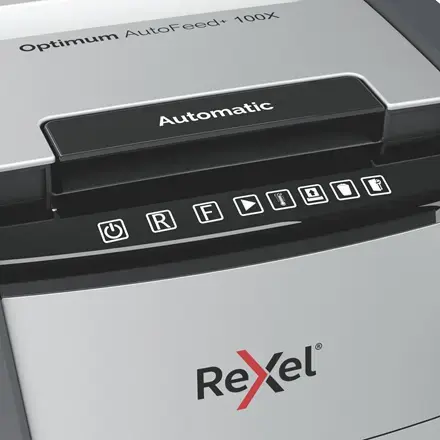 Rexel Optimum AutoFeed+ 100X Dokumentų naikiklis Cross Cut 4x28mm P-4 34L 55 dBA, Pilka/Juoda