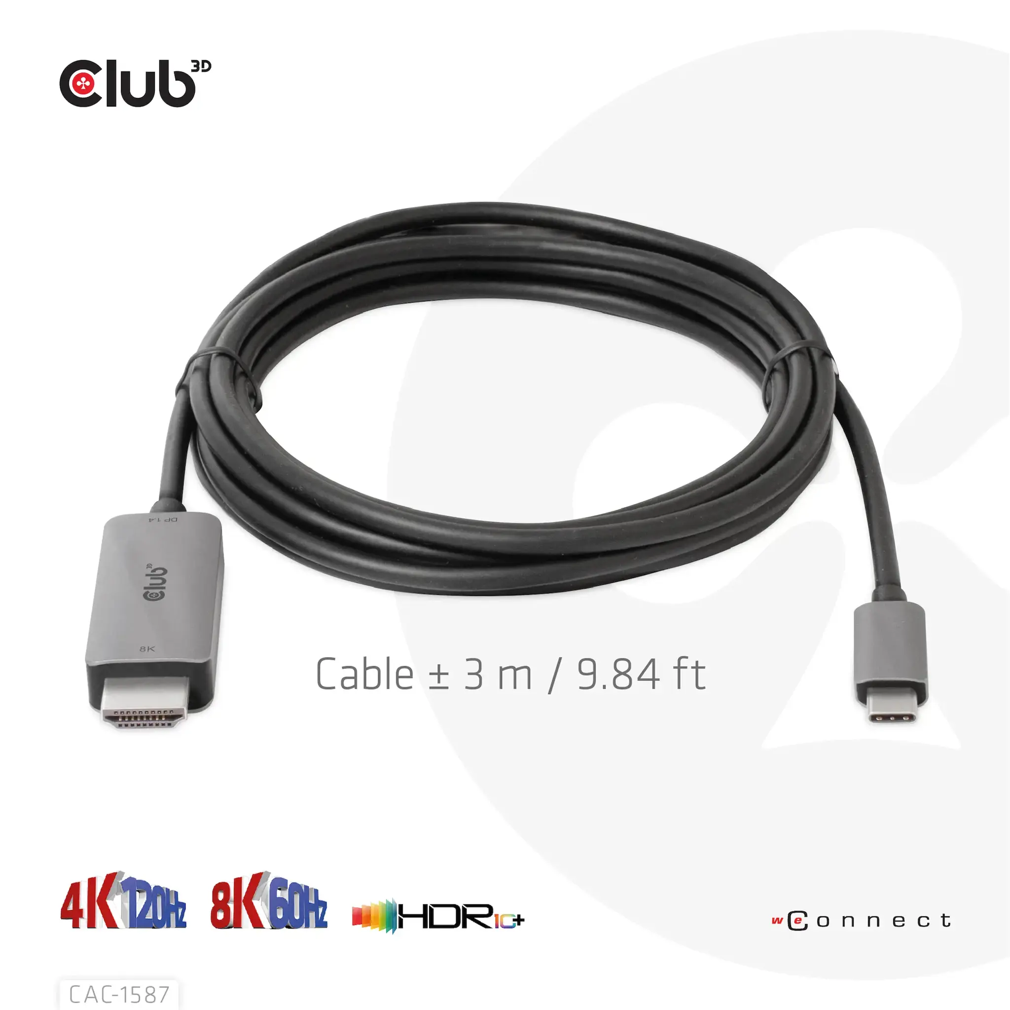 CLUB3D USB Gen2 Type-C to HDMI 4K120Hz 8K60Hz HDR10 with DSC1.2 Active Cable M/M 3m / 9.84ft, USB Gen2 Type-C, HDMI Type A (Standard), 3 m, Black