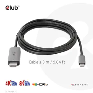 CLUB3D USB Gen2 Type-C to HDMI 4K120Hz 8K60Hz HDR10 with DSC1.2 Active Cable M/M 3m / 9.84ft, USB Gen2 Type-C, HDMI Type A (Standard), 3 m, Black