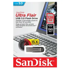 "SanDisk Ultra Flair", 128 GB, USB 3.0, 150 MB/s, skaitymo greitis - tropinė mėlyna ; EAN:619659163082