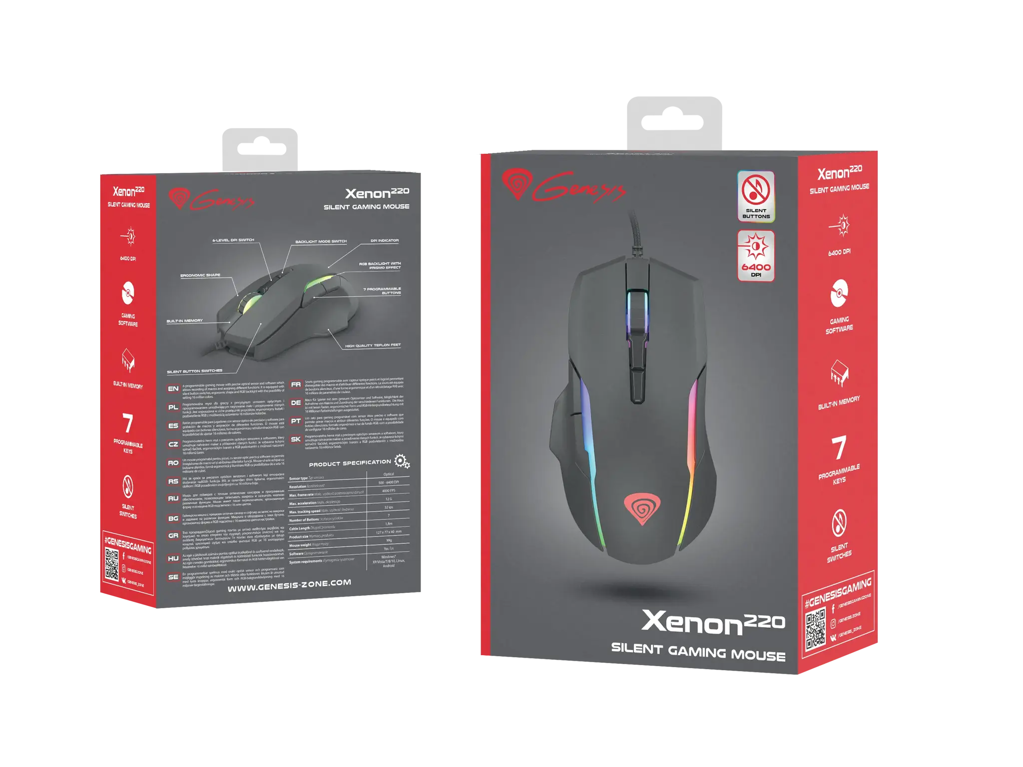 NATEC Genesis žaidimų pelė Xenon 220 optinė 6400DPI su programine įranga RGB apšviesta juoda