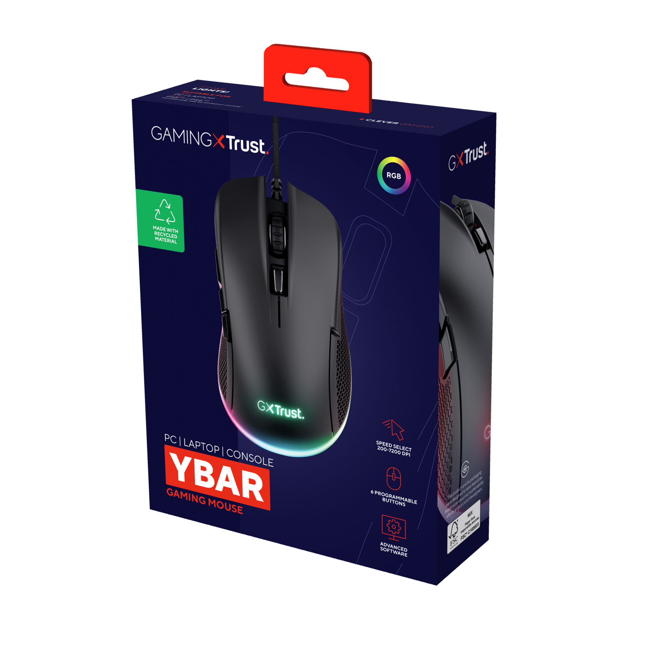 "Trust GXT 922 YBAR", dešinioji ranka, optinis, A tipo USB, 7200 DPI, juodas