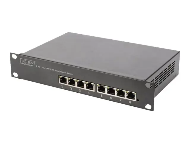 DIGITUS 10 colių 8 prievadų Gigabit Ethernet komutatorius 8 x 10/100/1000Mbps RJ45 integruotas maitinimas su 10 colių laikikliais