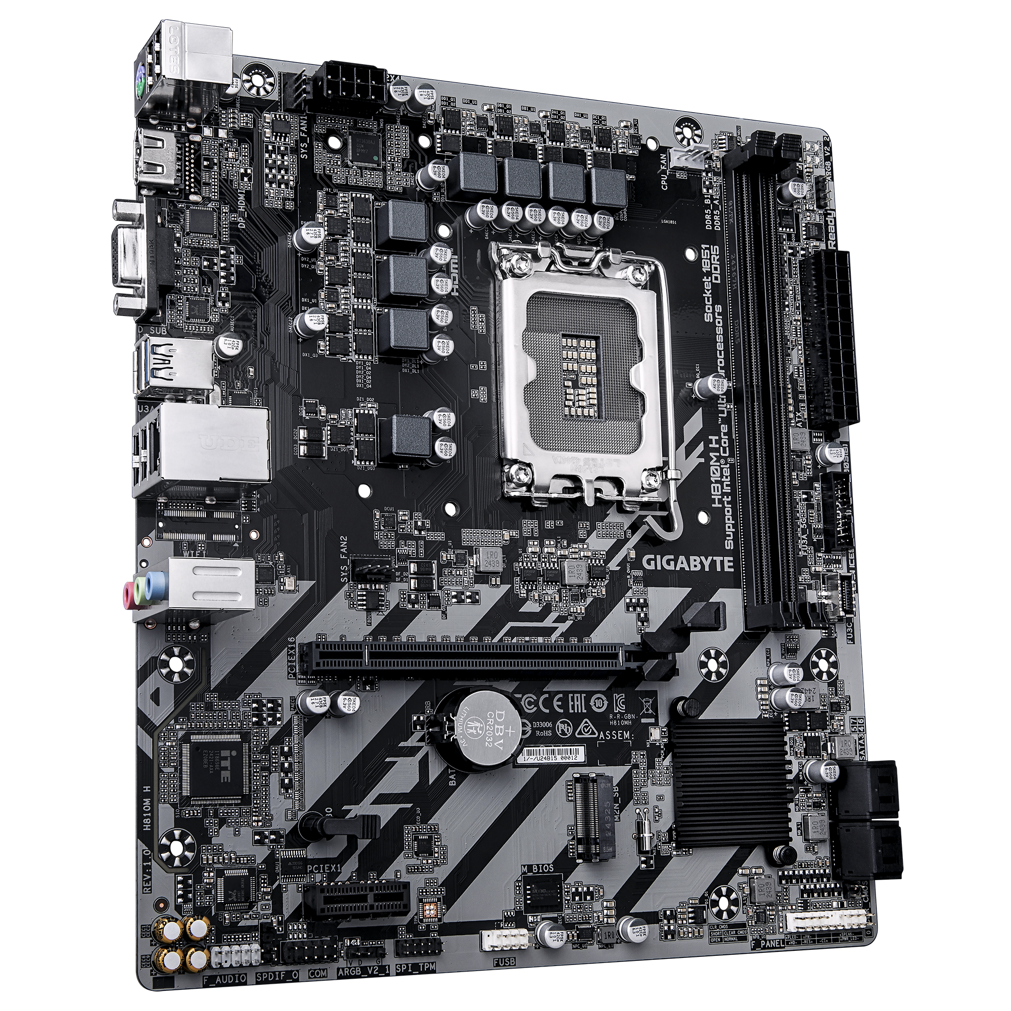 Gigabyte H810M H | Processor family Intel | Processor socket LGA1851 | DDR5 | Supported hard disk drive interfaces SATA, M.2 | Number of SATA connectors 4