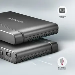 "Axagon" USB 3.2 Gen 2 adapteris, skirtas NVMe M.2 SSD ir SATA 2,5"/3,5" diskams prijungti su klonavimo funkcija.