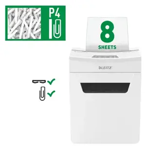 "Leitz IQ Protect Premium" popieriaus smulkintuvas 8X P4, 14 L, jutiklinis, 8 lapai, P-4, pilkas, baltas, 80 g/m²