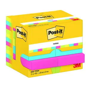 Lipnūs lapeliai Post-it Energetic colours, 38 x 51 mm, įvairūs ryškūs atspalviai, 12 vnt./pak.
