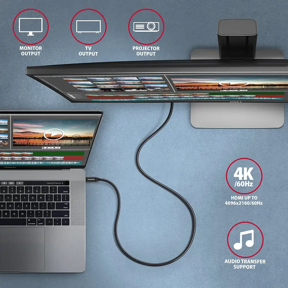 Axagon Duomenų ir įkrovimo USB 3.2 Gen 2 kabelis, ilgis 1 m. PD 100 W, 5 A, 4K HD vaizdo įrašas. Juodos spalvos pintas.