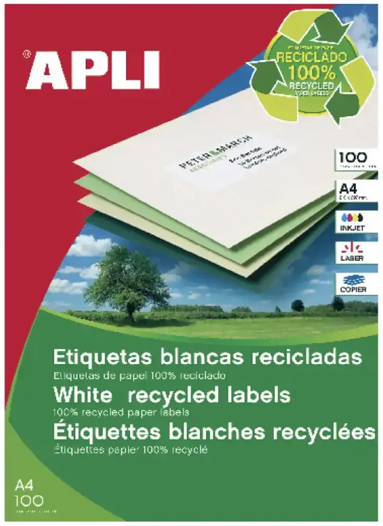 Lipnios etiketės APLI, 105 x 148 mm, A4, perdirbti, 4 lipdukai lape, 100 lapų, balta