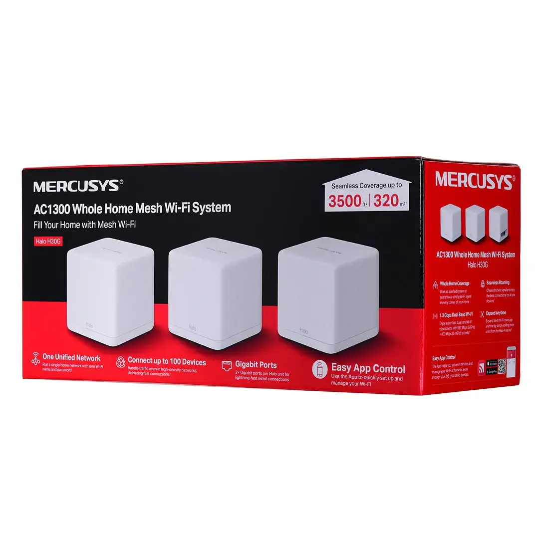 "Mercusys" AC1300 "Halo H30G" (3 vnt.) 802.11ac, 400+867 Mbit/s, Ethernet LAN (RJ-45) prievadai 2, tinklelio palaikymas taip, MU-MiMO taip, balta