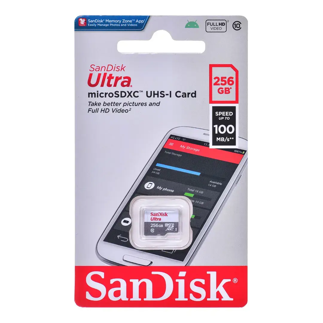 "SanDisk Ultra microSDXC" 256GB 100MB/s 10 klasės UHS-I; EAN:619659196516
