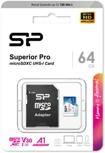 SILICONPOW SP064GBSTXDU3V20AB "Silicon Power" atminties kortelė "Superior Pro Micro SDXC 64GB UHS-I U3 V30" + adapteris