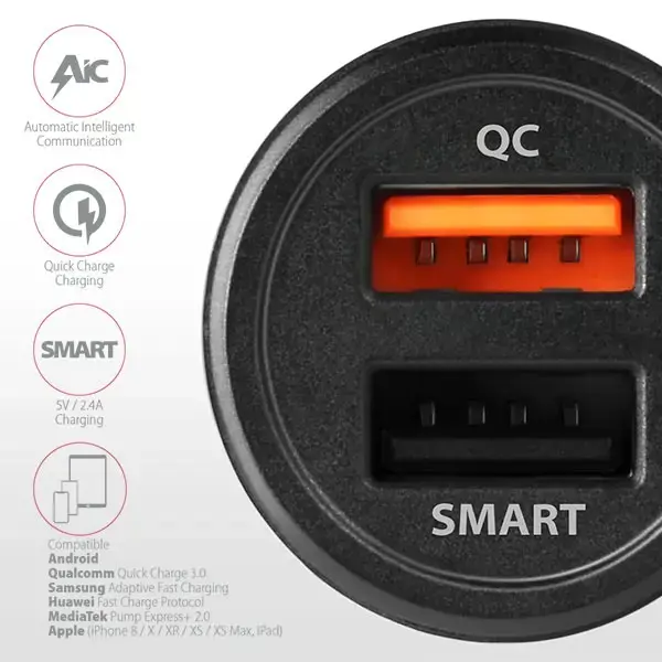 AXAGON PWC-QC5 automobilinis įkroviklis Smart 5V 2,4A + QC3.0, 30W, juodas