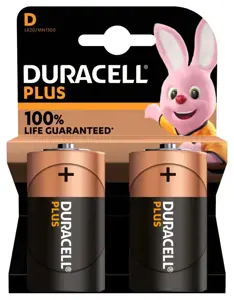 Duracell Plus 100 D, Single-use battery, D, Alkaline, 1.5 V, 2 pc(s), Multicolour