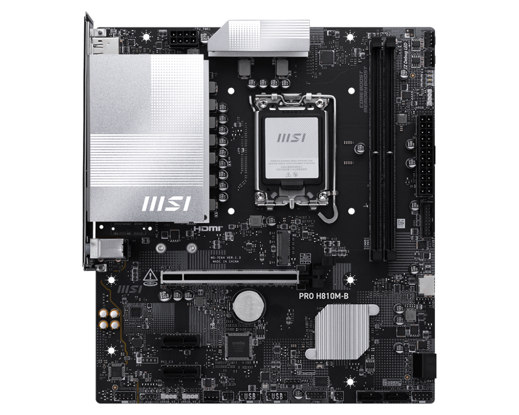 MSI PRO H810M-B | Processor family Intel H810 | Processor socket LGA1851 | DDR5 | Supported hard disk drive interfaces SATA, M.2 | Number of SATA connectors 4