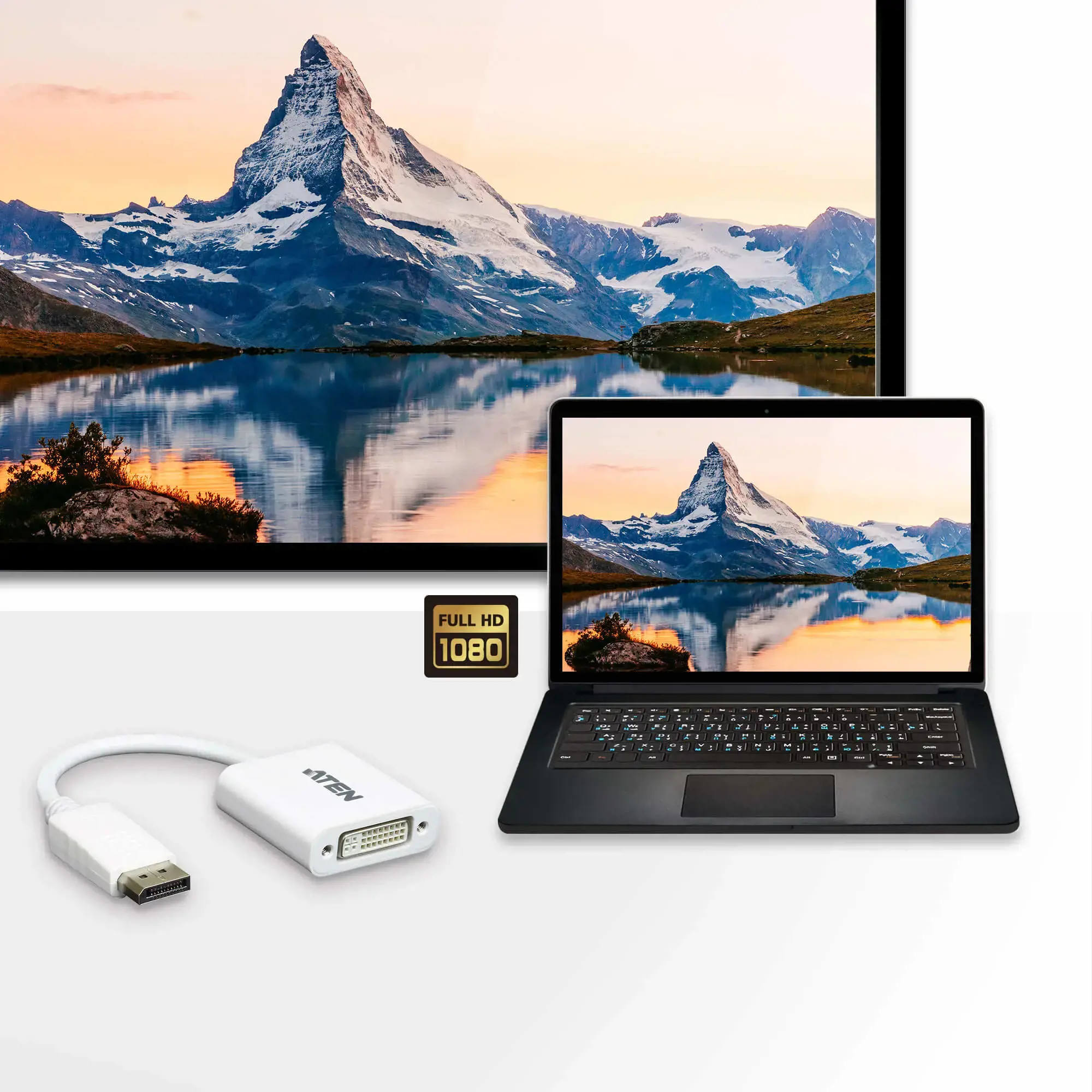 ATEN DisplayPort-DVI keitiklis, kompiuteris: Iki UXGA / HDTV: iki 1080i, 1080p, DisplayPort, DVI-I, vyriškas, vyriškas, tiesus, tiesus, tiesus