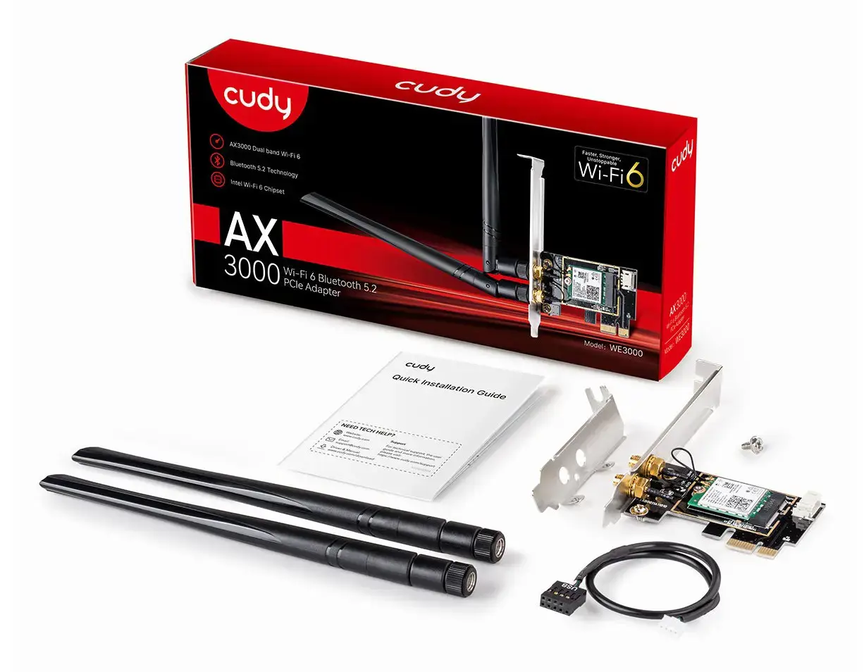 CUDY WE3000 AX5400 "Wi-Fi 6" + BT 5.2 "Intel AX200" PCIe tinklo kortelė