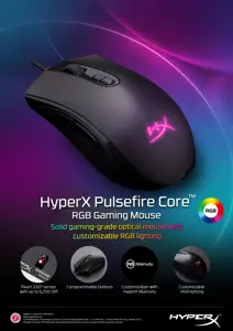 "HyperX Pulsefire Core" - žaidimų pelė (juoda), dvipusė, optinė, A tipo USB, 6200 DPI, juoda