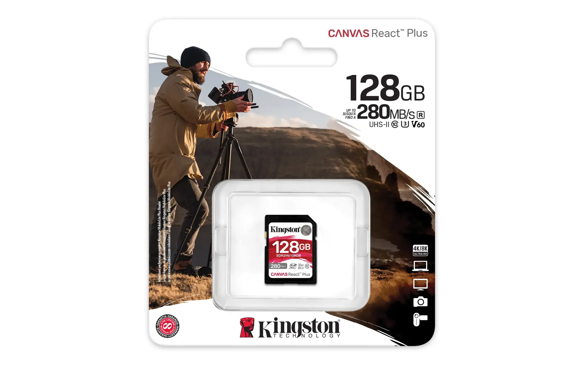 Kingston Technology 128GB Canvas React Plus SDXC UHS-II 280R/100W U3 V60 for Full HD/4K, 128 GB, SDXC, Class 10, UHS-II, 280 MB/s, 100 MB/s